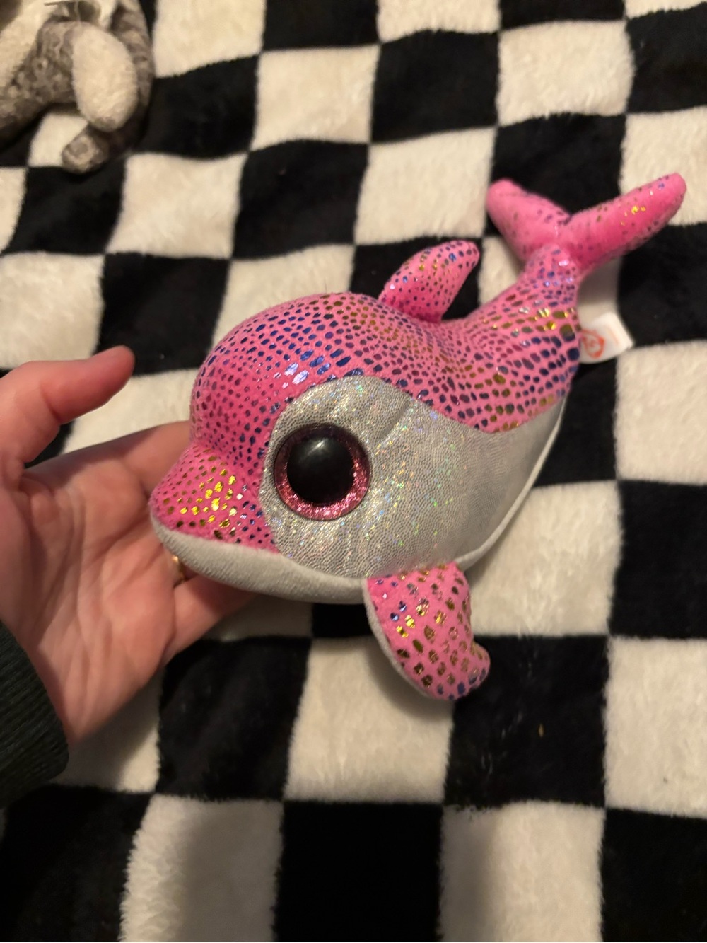 Sparkles the Pink Dolphin, a 6-inch plush toy from the Ty Beanie Boos collection